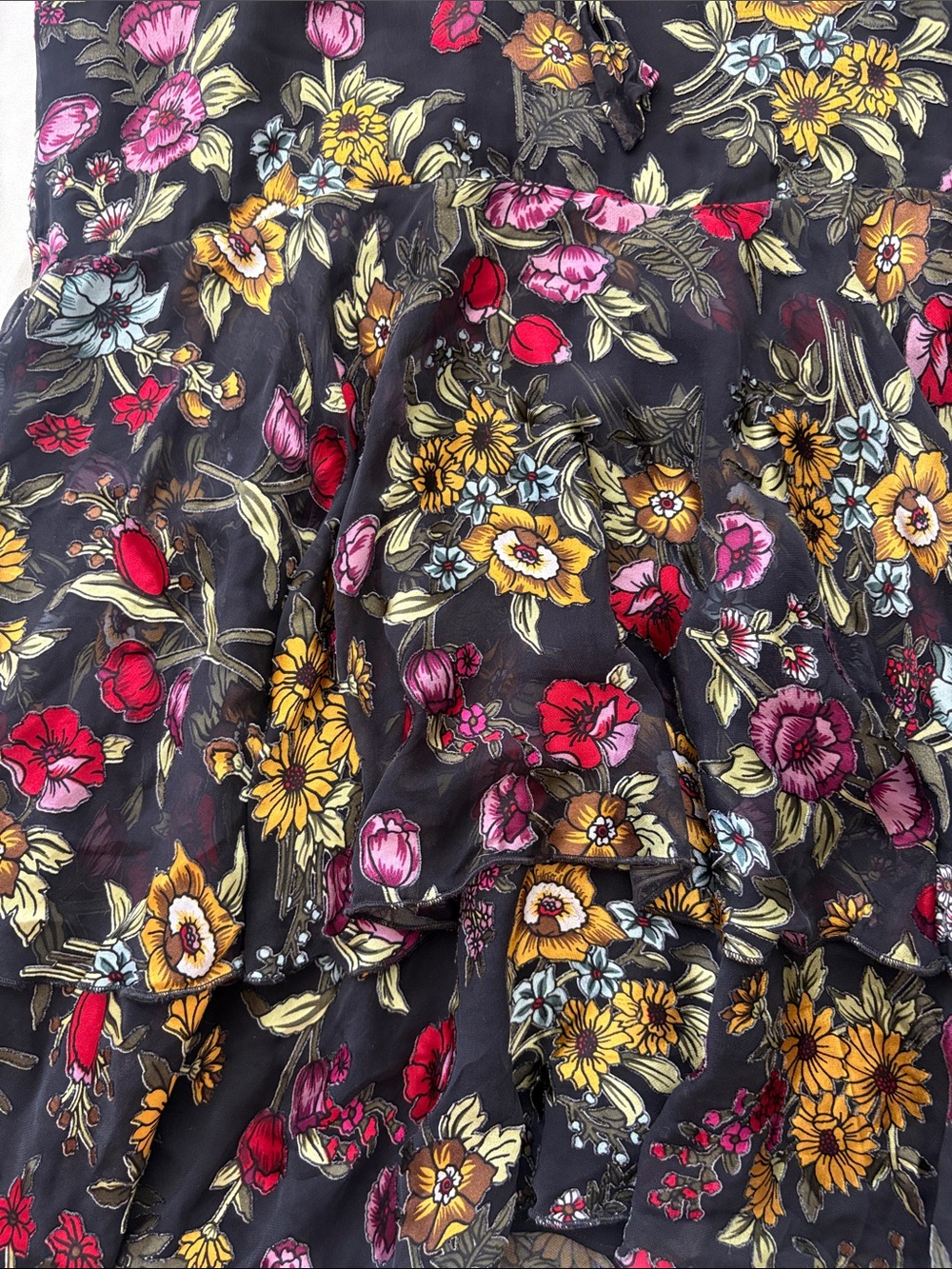 Alice + Olivia Silk Blend Floral Ruffle Mini Dress Black Tie Neck Size 6 - Picture 7 of 15